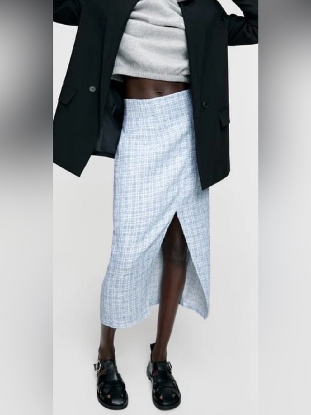 Zara Light Blue Tweed Midi Pencil Skirt - Classic Women's Skirt